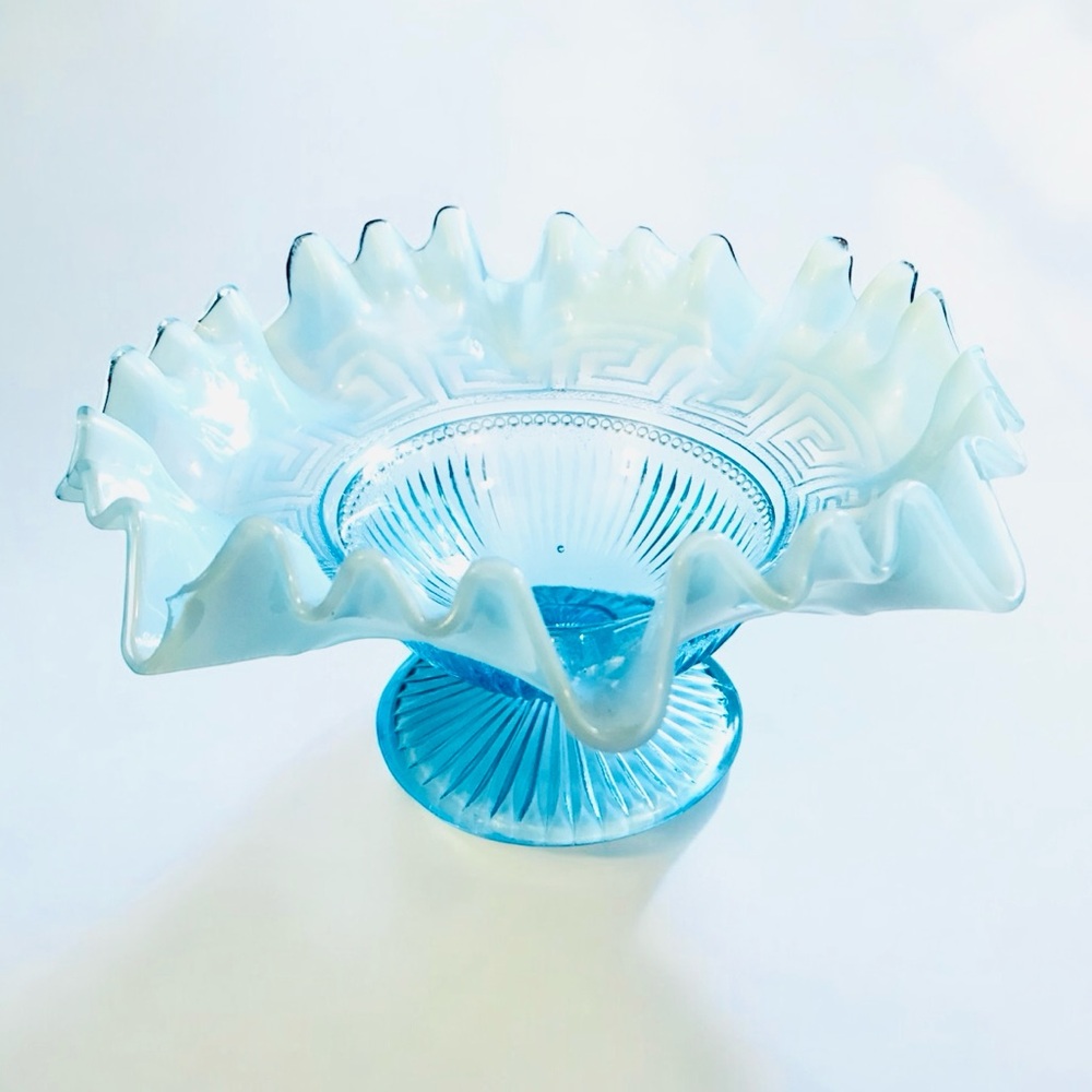 Northwood Blue Opalescent Glass Greek Key Ribbed Ruffled Bowl 8" Antique 1900s